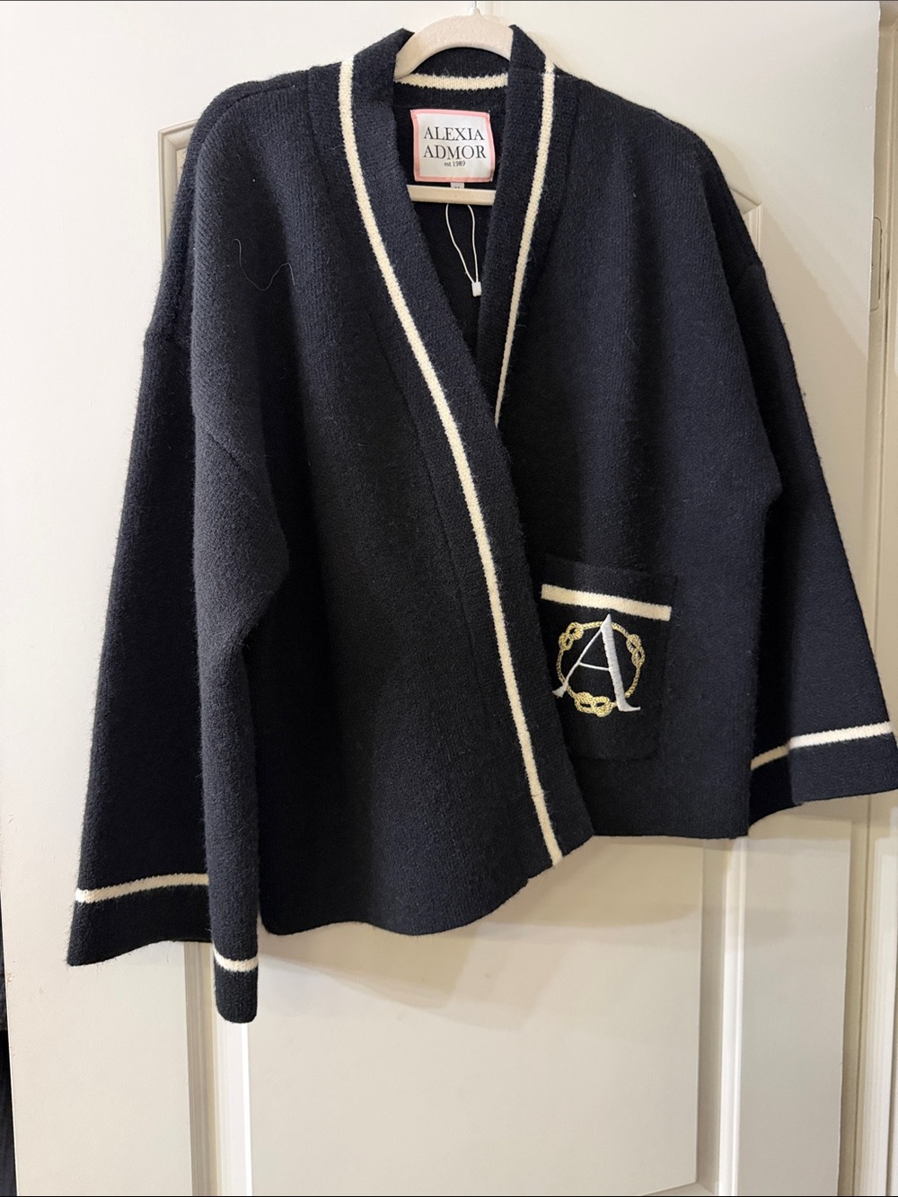 Alexia Admor Black Cardigan with Cream Trim and Pink Label Accent